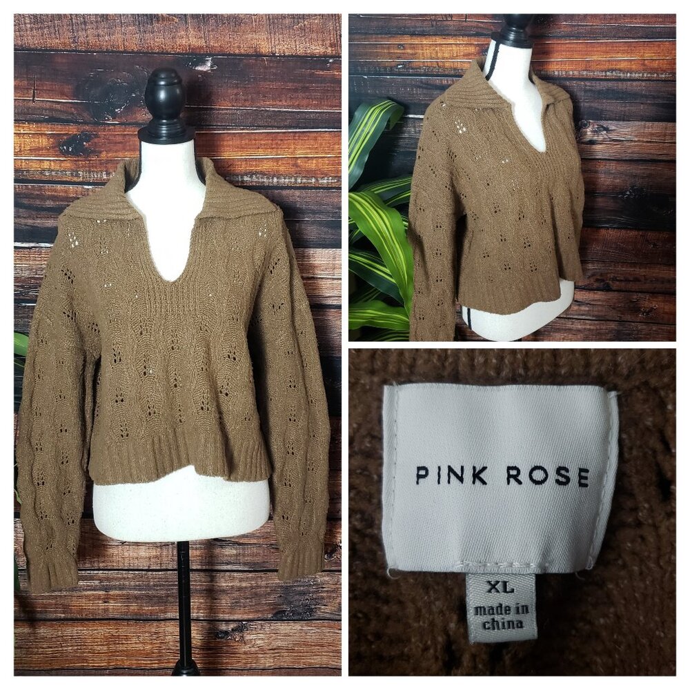 Pink Rose Sweater XL Cropped Brown Soft Knit Collared
